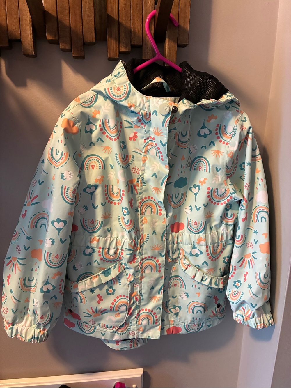 Kids' Mint Rainbow & Heart Hooded Raincoat
